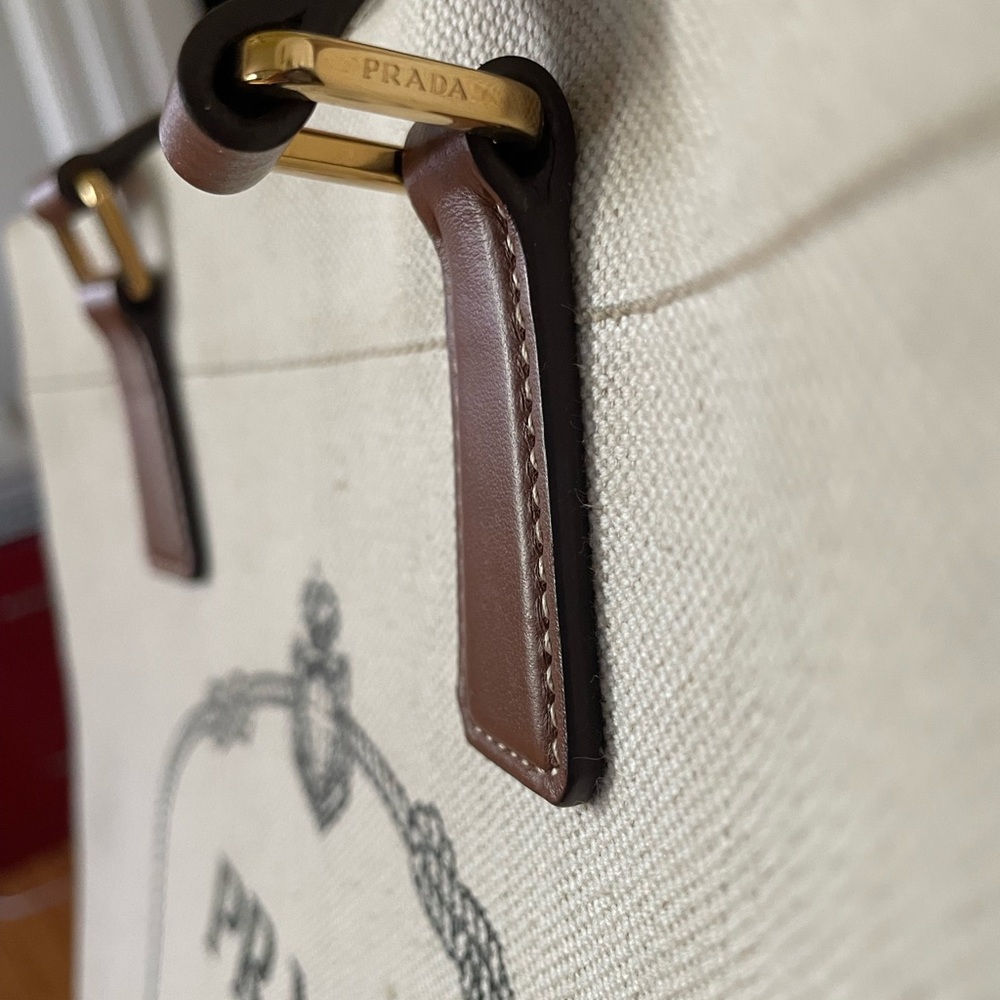 Prada Vitello Mistolino Cream and Brown Tote Bag with Iconic Logo - Picture 3 of 7